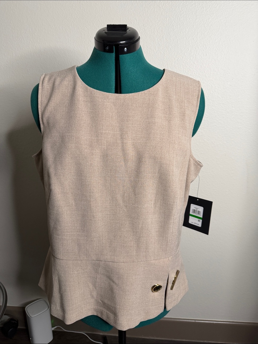 Halston khaki peplum sleeveless tan vest blouse with gold buttons